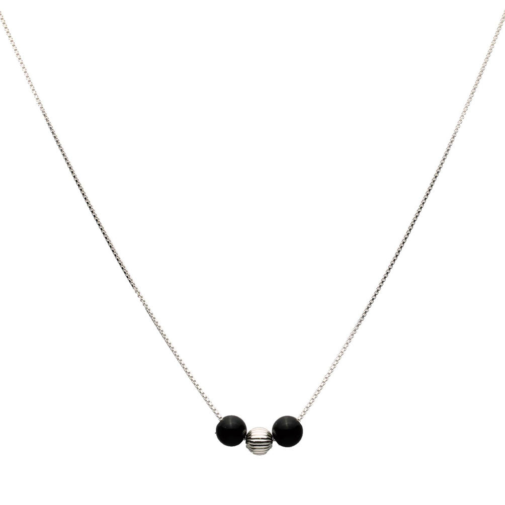 Black Onyx Stone Station Sterling Silver Bead Box Chain Necklace