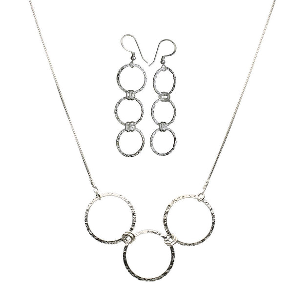Sterling Silver Flat Hammered Circle Medium Links Necklace Italy Earrings Adjustable