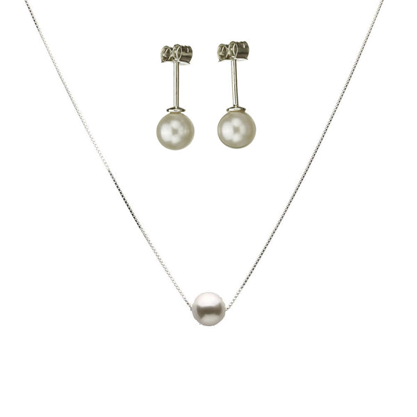 Floating Silver Box Chain Necklace 10mm Crystal Simulated Pearl Earrings