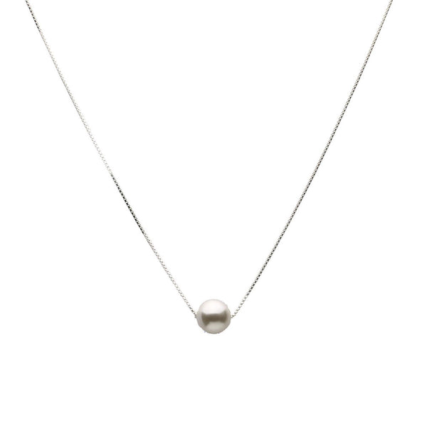 Floating Sterling Silver Box Chain Necklace 10mm Crystal Simulated Pearl