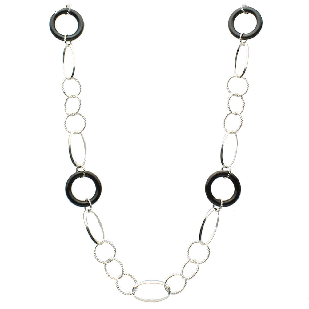 Sterling Silver Large Oval and Round Twisted Links Cable Chain Black Onyx Rings Necklace 26 Inches