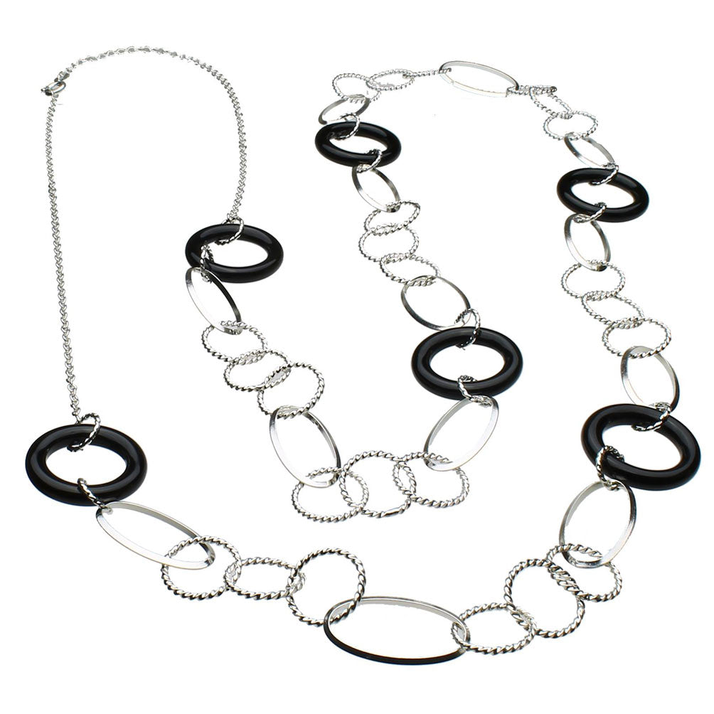 Sterling Silver Large Oval and Round Twisted Links Cable Chain Black Onyx Rings Necklace 38 Inches