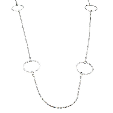 Sterling Silver Hammered Ring Station Link Long 1.5mm Diamond-Cut Rope Chain Necklace Italy 26+2 inches inches