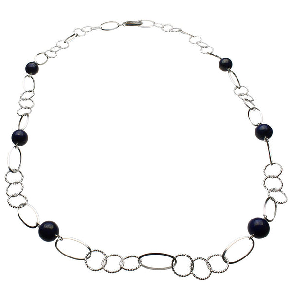 Sterling Silver Large Oval and Round Twisted Links Cable Chain Blue Lapis Round Beads Necklace 32 inches