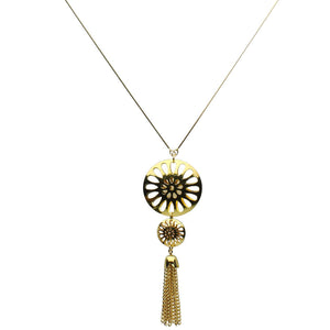 18k Gold-Flashed Sterling Silver Puffed Domed Round Circle Sunburst Gold-plated Tassel Necklace 32 inches