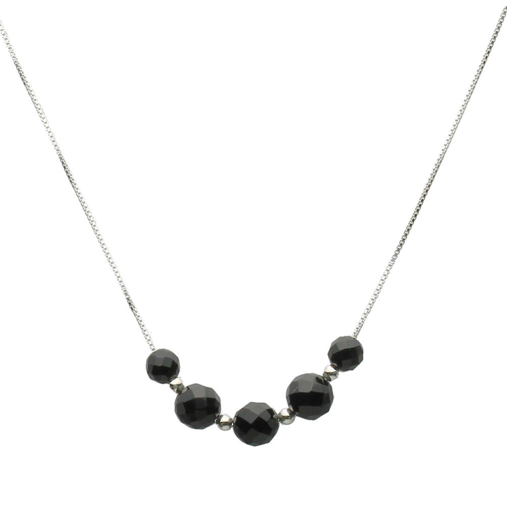 Floating 8mm, 6mm Faceted Black Onyx Beads Sterling Silver Box Chain Necklace Adjustable