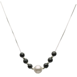 Floating 6mm Faceted Black Onyx Beads Crystal Simulated Pearl Sterling Silver Box Chain Necklace
