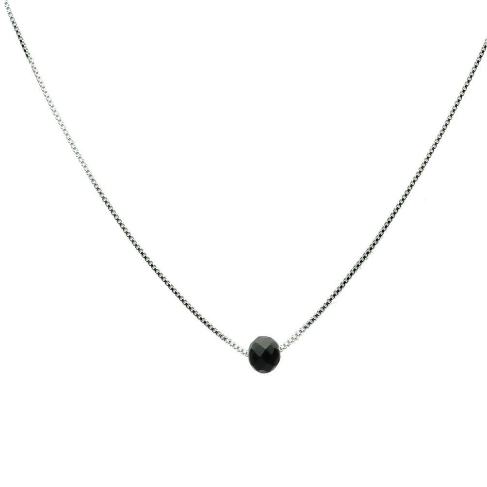Sterling Silver Box Chain Floating Round Faceted 6mm Black Onyx Necklace