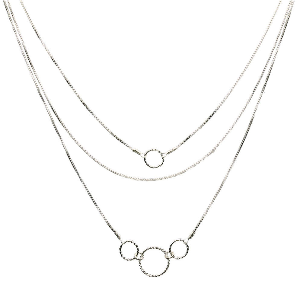 3-Strand Graduated Rope-style Twist Rings Sterling Silver Box Chain Necklace With 2 inches Extender