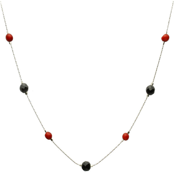Black Onyx Stone Beads Red Bamboo Coral Sterling Silver Chain Scatter Tin Cup Necklace