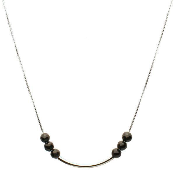 Floating 6mm Faceted Black Onyx Beads Sterling Silver Curved Tube Box Chain Necklace Adjustable