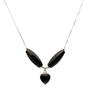 Floating Faceted Tube Heart Black Onyx Beads Sterling Silver Box Chain Necklace Adjustable