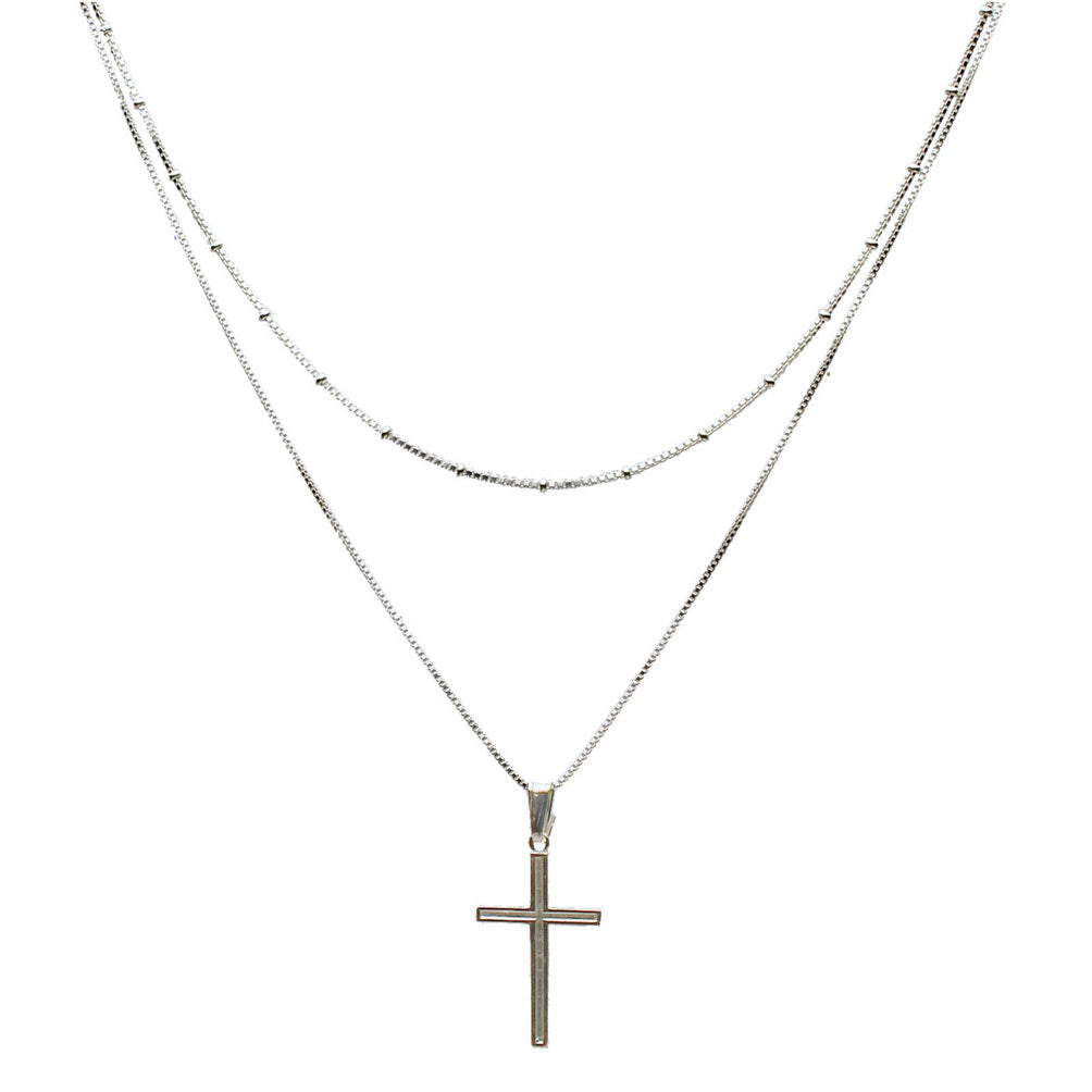 2-Strand Sterling Silver Cross Box Beads Chain Necklace Adjustable