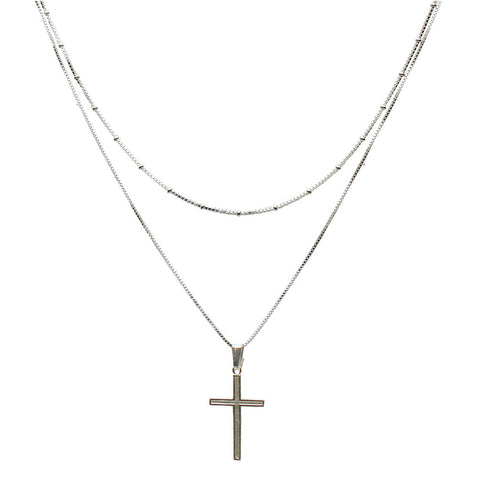 2-Strand Sterling Silver Cross Box Beads Chain Necklace Adjustable