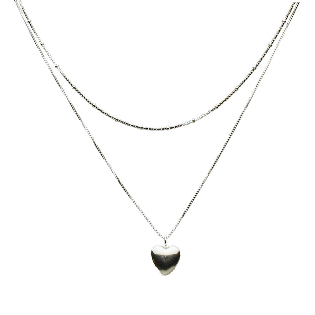 2-Strand Sterling Silver Puffed Heart Box Beads Chain Necklace Adjustable