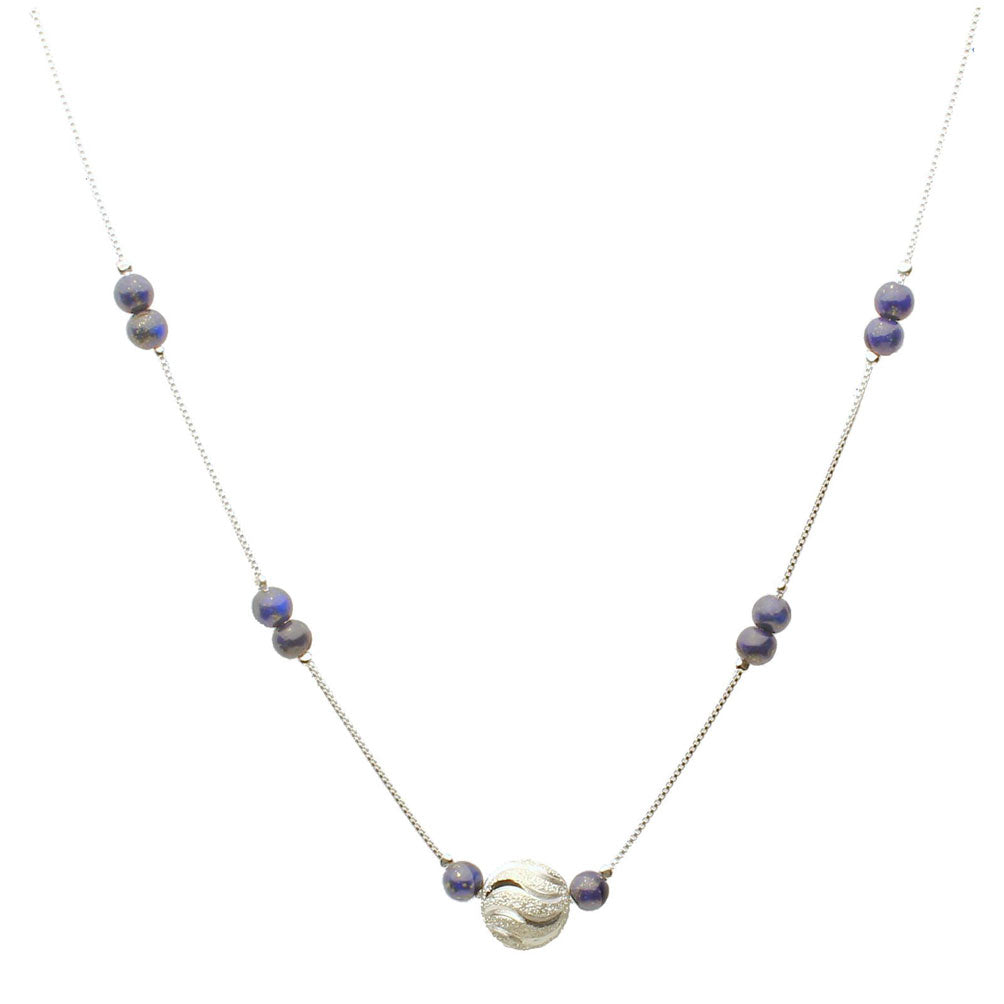 Blue Lapis Stone Beads Sterling Silver Box Chain Scatter Plated Hammered Ball Necklace Adjustable