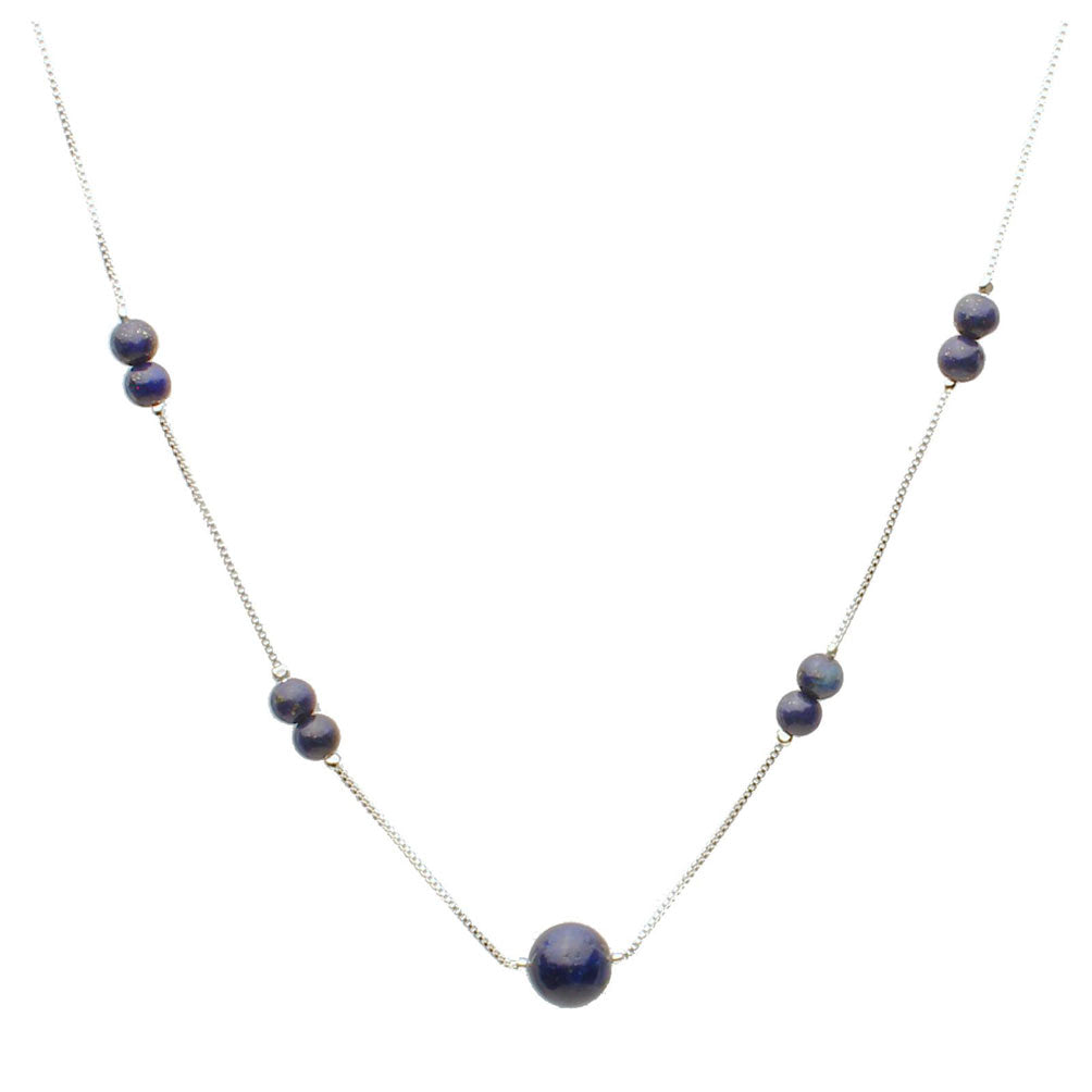 Blue Lapis Stone Beads Sterling Silver Box Chain Scatter Necklace Adjustable