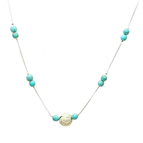 Simulated Turquoise Stone Beads Sterling Silver Box Chain Scatter Plated Hammered Ball Necklace