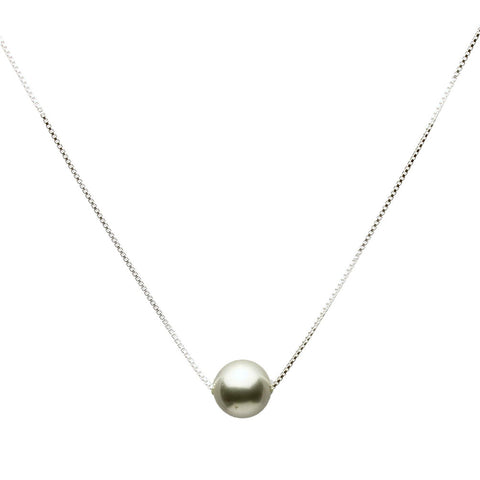 Floating 10mm Simulated Pearl Station Sterling Silver Box Chain Necklace Adjustable 20 inches+2 inches Extender