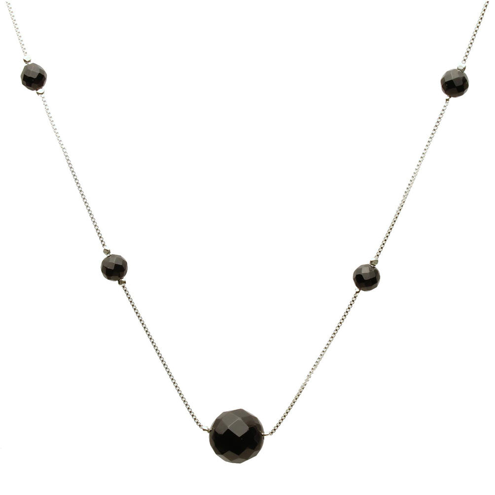 Black Onyx Stone Beads Station Scatter Sterling Silver Box Chain Necklace Adjustable