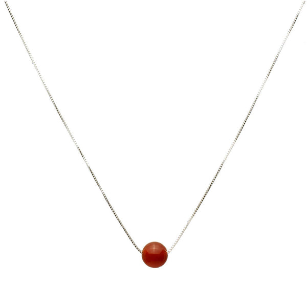 Round 10mm Carnelian Stone Station Sterling Silver Box Chain Necklace Adjustable