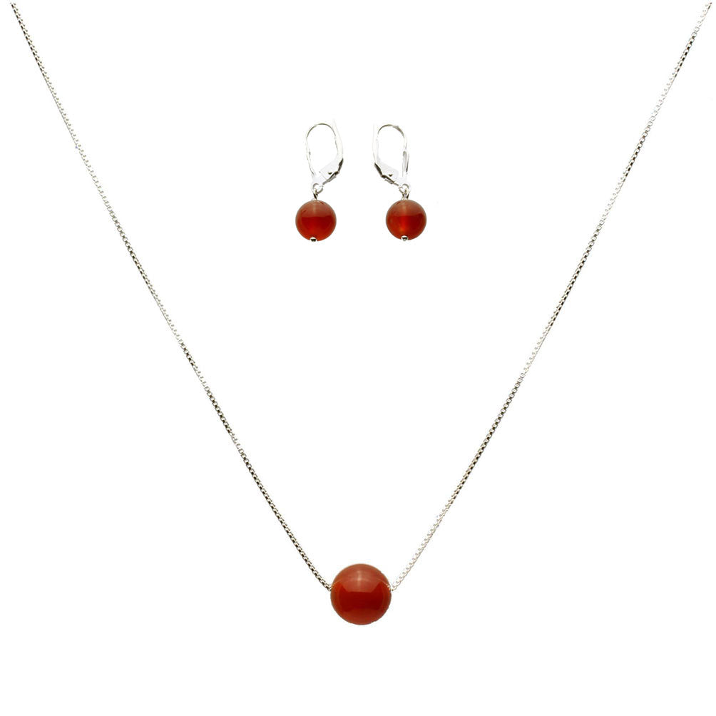 Floating Round 10mm Carnelian Stone Station Sterling Silver Box Chain Necklace Adjustable, Earrings