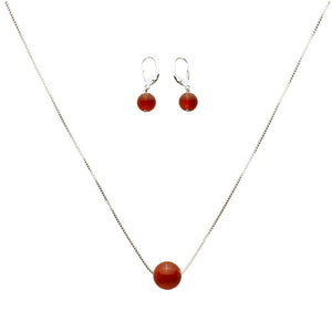 Floating Round 10mm Carnelian Stone Station Sterling Silver Box Chain Necklace Adjustable, Earrings