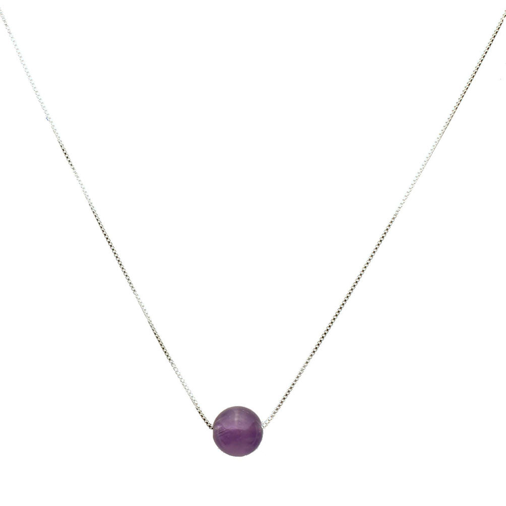 Round 12mm Amethyst Stone Station Sterling Silver Box Chain Necklace Adjustable