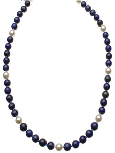 6mm Blue Lapis 6mm Crystal Simulated Pearls Sterling Silver Necklace