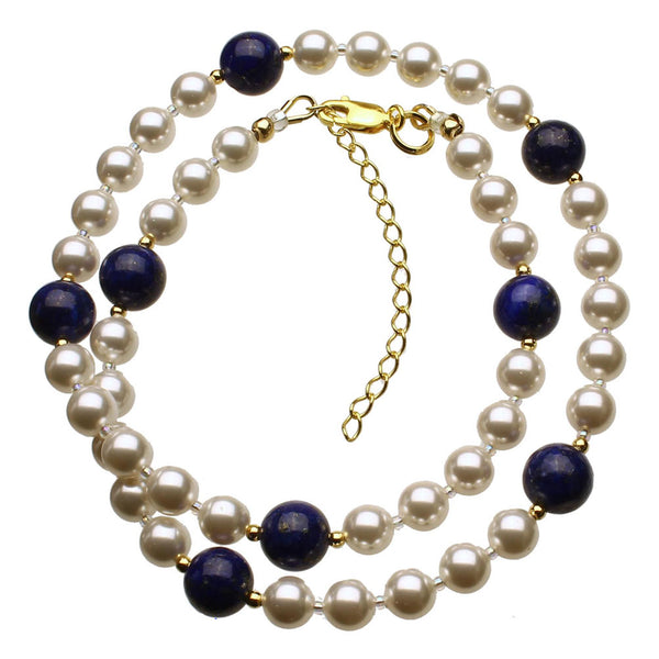 8mm Blue Lapis 6mm Crystal Simulated Pearls Sterling Silver Necklace Adjustable