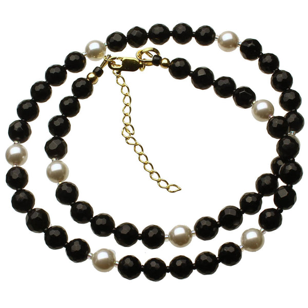 6mm Black Onyx, Crystal Simulated Pearls Sterling Silver Necklace Adjustable