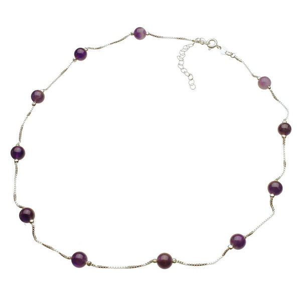 Amethyst Stone Beads Station Scatter Sterling Silver Box Chain Necklace Adjustable