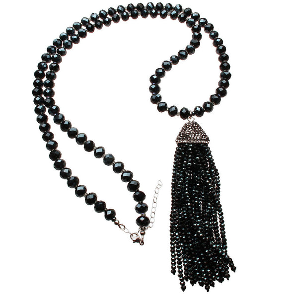 Black Blue Crystal Tassel Pave Faceted Beads Necklace Adjustable 31 inches+2 inches Extender