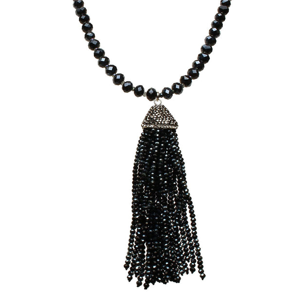 Black Blue Crystal Tassel Pave Faceted Beads Necklace Adjustable 31 inches+2 inches Extender