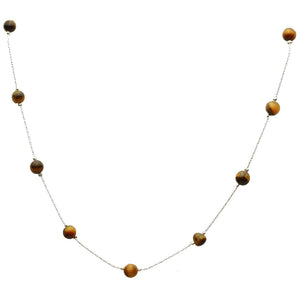 Sterling Silver 6mm Tiger Eye Stone Beads Station Scatter Italian Chain Necklace Adjustable