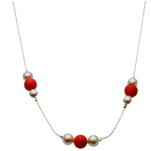 Sterling Silver Simulated Pearl Beads Red Bamboo Coral Station Italian Chain Necklace
