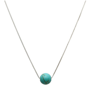 Floating Round 11mm Simulated Turquoise Stone Station Sterling Silver Box Chain Necklace Adjustable