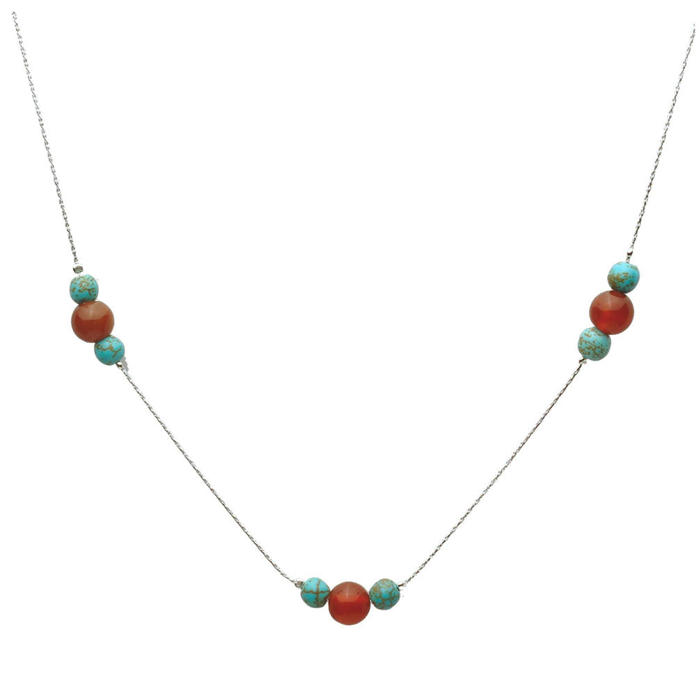 Sterling Silver Simulated Turquoise Carnelian Stone Station Scatter Chain Necklace Italy Adjustable
