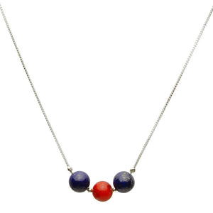 Sterling Silver Box Chain 3 Round 8mm Blue Lapis Red Bamboo Coral Necklace Adjustable