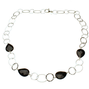 Sterling Silver Large Flat Oval, Round Hammered Link Chain Black Onyx Teardrop Stone Necklace 23 inches