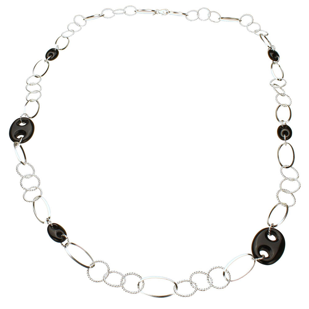 Long Sterling Silver Large Oval and Round Twisted Links Chain Black Onyx Links Necklace 32 inches