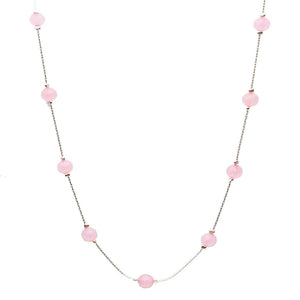 Rose Quartz Stone Beads Station Scatter Illusion Sterling Silver Chain Necklace Italy