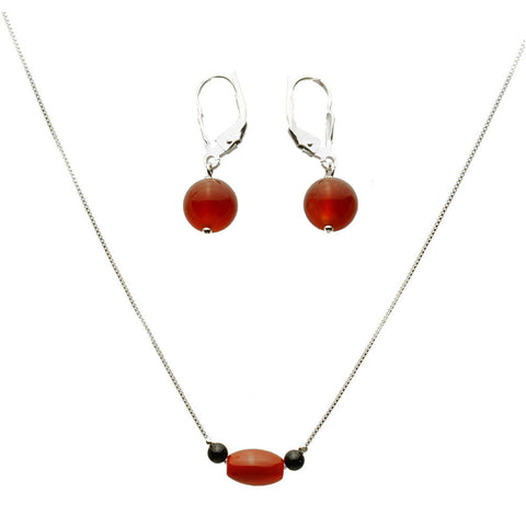 Oval Carnelian Black Onyx Stone Station Sterling Silver Box Chain Necklace Adjustable, Earrings