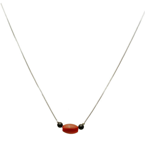 Sterling Silver Box Chain Carnelian Oval, Black Onyx Stone Beads Necklace Adjustable