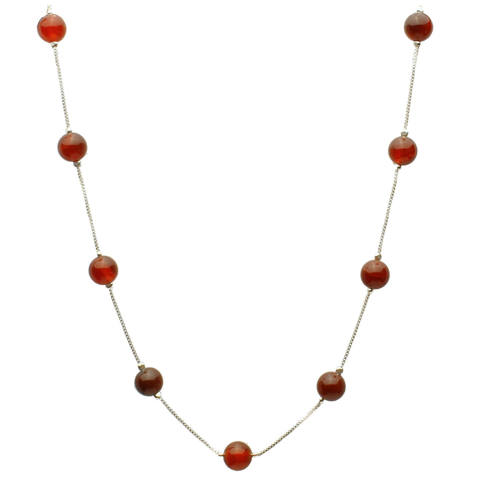 Carnelian Stone Station Scatter Sterling Silver Box Chain Necklace with 2 inches Extender Adjustable