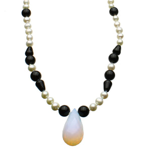 Opalite Glass Teardrop Black Onyx Stone Freshwater Cultured Pearls Necklace 17.5 inches+2 inches