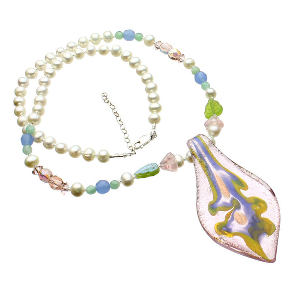 Fused Glass Leaf Tie Freshwater Cultured Pearl Necklace, 19 inches+2 inches Extender 