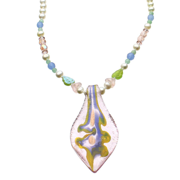 Fused Glass Leaf Tie Freshwater Cultured Pearl Necklace, 19 inches+2 inches Extender 