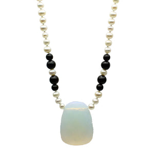 Faceted Opalite Glass Focal Black Onyx Stone Freshwater Cultured Pearl Necklace 18 inches+2 inches