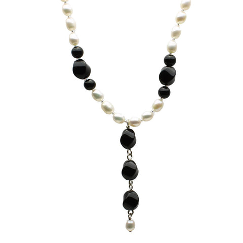 Black Onyx Stone Beads Freshwater Cultured Pearls Sterling Silver Necklace 16 inches+2 inches